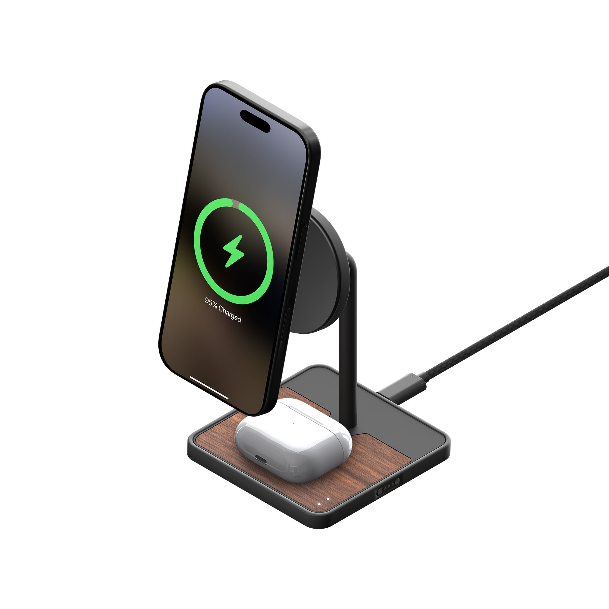 Qi2 Wireless Charging Stand with Walnut Base – Fast 15W Dual Charging