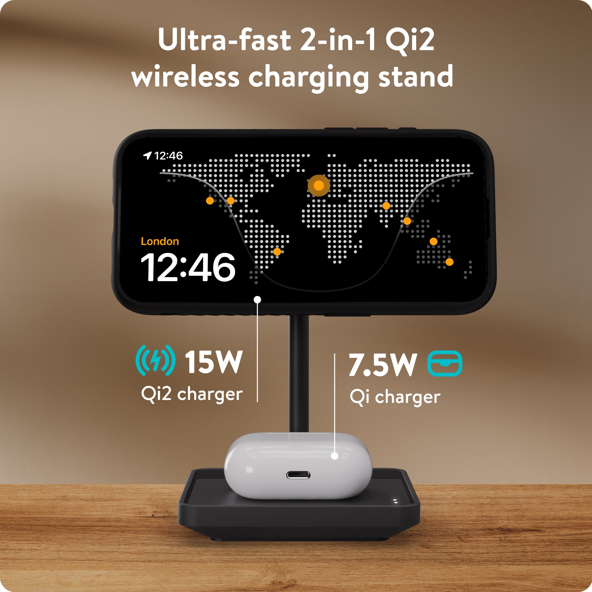 Qi2 Wireless Charging Stand - 15W Fast Charging, Matte Black