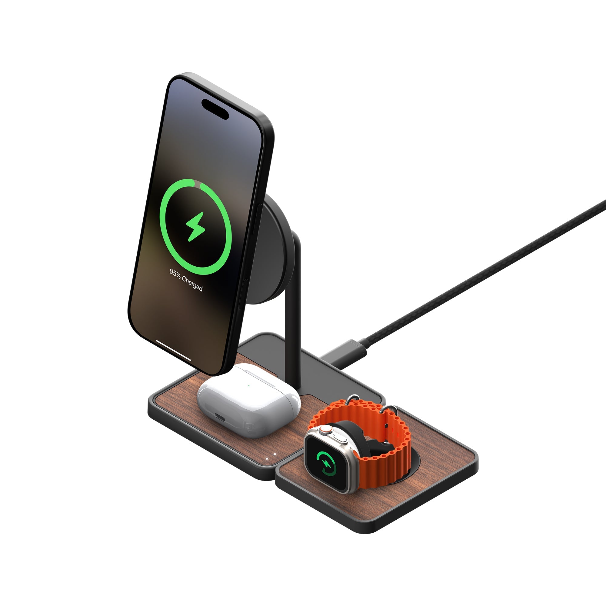 Qi2 Wireless Charging Stand for iPhone & Apple Watch - Walnut Wood